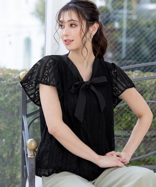 Tiaclasse 【洗える】幅広く活躍が期待できるボウタイレースブラウス ブラック