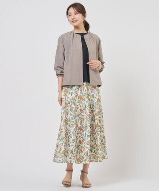 J.PRESS LADIES スパンボタニカル プリント ロング フレア スカート オフ系