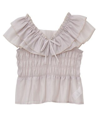 earth music&ecology ダブルフリルノースリブラウス Pink Beige