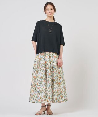 J.PRESS LADIES スパンボタニカル プリント ロング フレア スカート オフ系