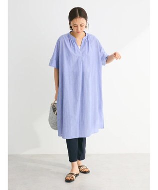 Green Parks 綿麻混スキッパーミニワンピース Stripe Sax