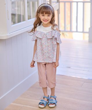 ANY KIDS オフショルダー フリル ブラウス サックスブルー系花柄