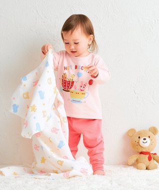 MIKI HOUSE HOT BISCUITS 【80-120cm】ミニ裏毛パイル素材 ティーカップ柄 ルームウェアセット ピンク