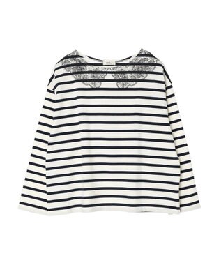 earth music&ecology レースプリントボーダープルオーバー Border Navy