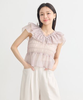earth music&ecology ダブルフリルノースリブラウス Pink Beige