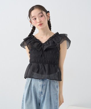 earth music&ecology ダブルフリルノースリブラウス Black