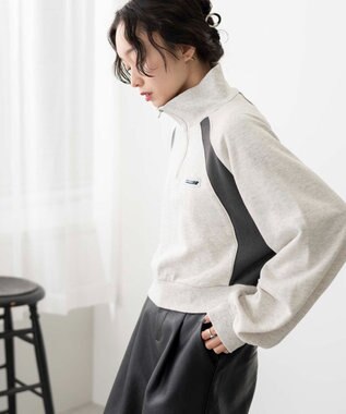 WEGO パイピング切替ショートハーフZIPスウェット 杢グレー