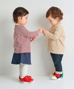 MIKI HOUSE HOT BISCUITS 【70-120cm】【Everyday Series】ワンポイント ボーダー長袖Tシャツ ワインレッド