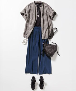 自由区 S 【カタログ掲載・セットアップ対応・洗える】リネンビスコースストライプ シャツ セピア系