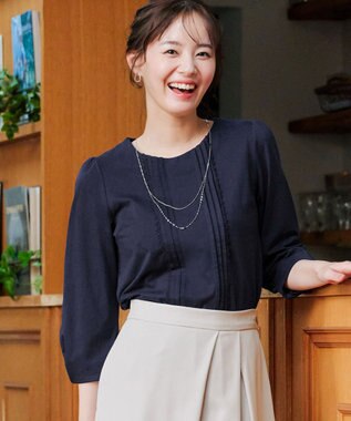 Tiaclasse 【洗える】ピンタックレースカットソーTブラウス ネイビー