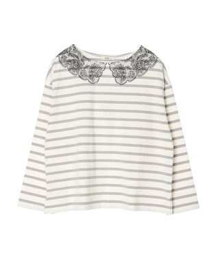 earth music&ecology レースプリントボーダープルオーバー Border Gray