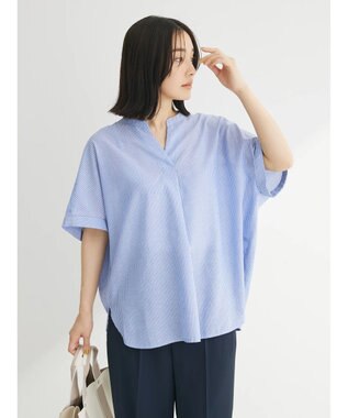 Green Parks 綿麻混フレンチスリーブスキッパーシャツ Stripe Blue