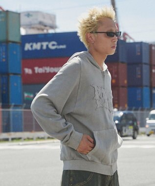 WEGO 【ユニセックス着用ITEM】ピグメントダメージアップリケZIPパーカー グレー