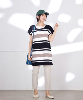 Tiaclasse L 【洗える】マルチボーダーフレンチニットチュニック ブラック×オフ×モカ