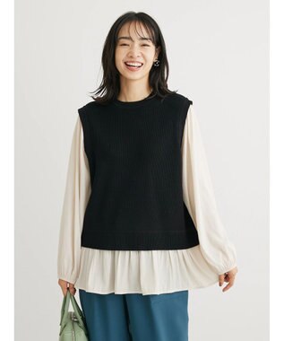 Green Parks とろみ布帛ドッキングニットチュニック Black