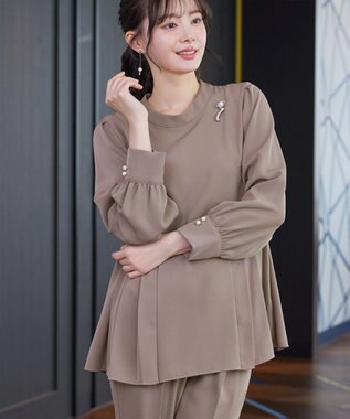 Tiaclasse 【ブラウス&パンツ2点セット】サイドプリーツブラウス×テーパードパンツ セットアップ モカ