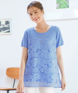 Tiaclasse L 【洗える】レースドッキングニットチュニック ブルー