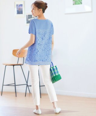 Tiaclasse L 【洗える】レースドッキングニットチュニック ブルー