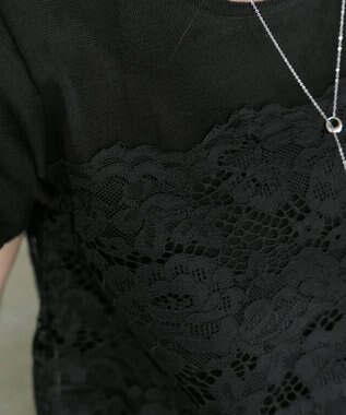 Tiaclasse L 【洗える】レースドッキングニットチュニック ブラック