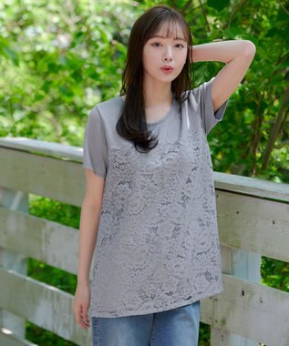 Tiaclasse L 【洗える】レースドッキングニットチュニック グレー