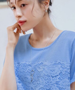 Tiaclasse L 【洗える】レースドッキングニットチュニック ブルー