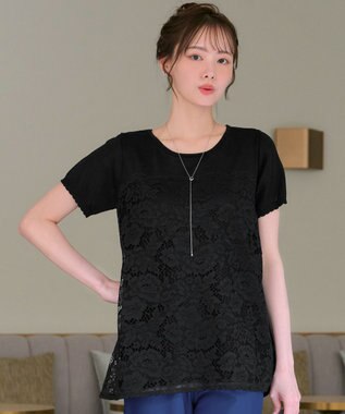 Tiaclasse L 【洗える】レースドッキングニットチュニック ブラック