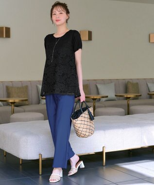 Tiaclasse L 【洗える】レースドッキングニットチュニック ブラック