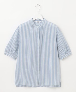 J.PRESS LADIES L 【洗える】綿キュプラコードストライプ バンドカラー ブラウス ブルー系1