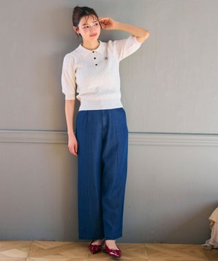 Feroux 胸元刺繍ケーブルポロ ニット ホワイト系