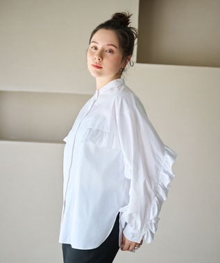 #Newans 【シワになりにくい/洗濯機可能】ラウンドフリルバンドカラーシャツ ホワイト