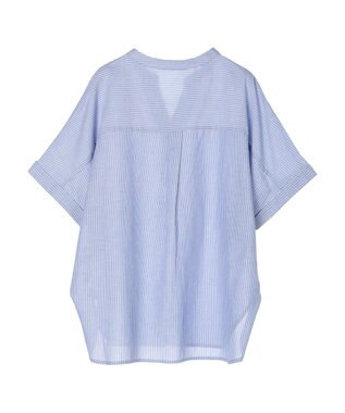 Green Parks 綿麻混フレンチスリーブスキッパーシャツ Stripe Blue
