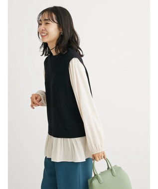 Green Parks とろみ布帛ドッキングニットチュニック Black