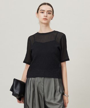 ICB 【洗える】 シャイニーサッカー クロップドトップス ブラック系