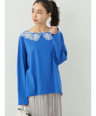 earth music&ecology レースプリントボーダープルオーバー Royal Blue