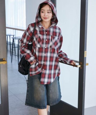 WEGO フードチェックBIGシャツ レッド