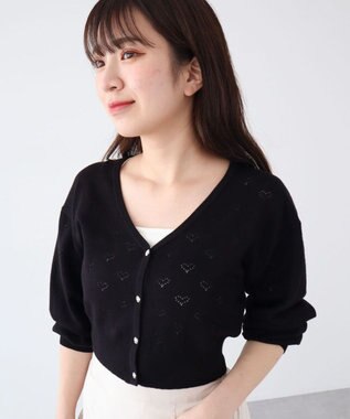 Green Parks ・ｓｗｉｎｇ　ｂｙ　ハート柄スカシニットカーディガン Black