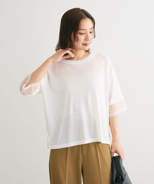 Green Parks 袖チュールドッキングシアー５分袖プルオーバー White