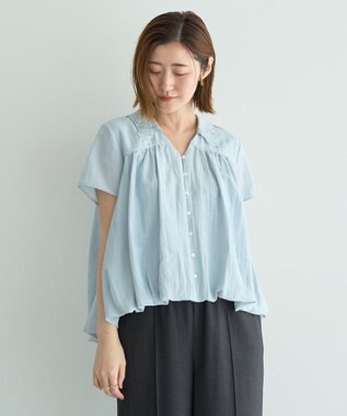YECCA VECCA 刺繍カラーバルーンヘムブラウス Sax