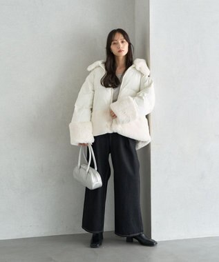 earth music&ecology フードファー中綿ショートコート ホワイト