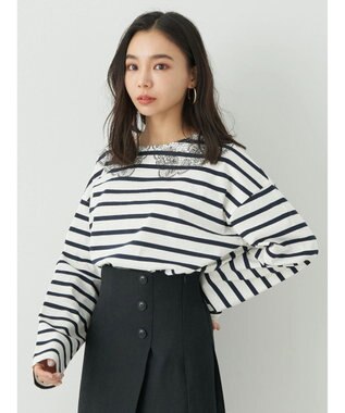 earth music&ecology レースプリントボーダープルオーバー Border Navy