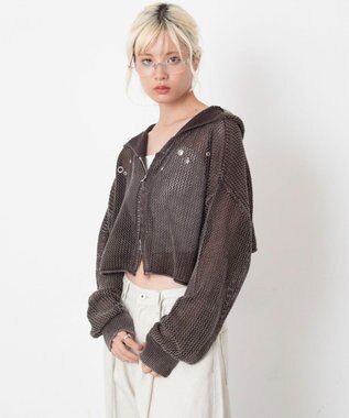 WEGO ハトメメッシュニットショートパーカー ブラウンその他