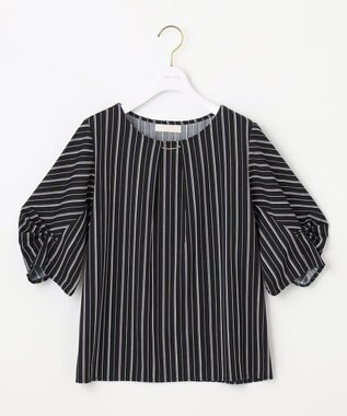 ANY SIS 【接触冷感・吸水速乾・UVケア】エアリードレープスムース タックスリーブ ブラウス ネイビーストライプ