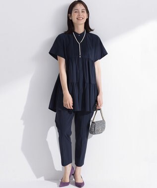 組曲 S スーパーライトストレッチティアード ブラウス ネイビー系