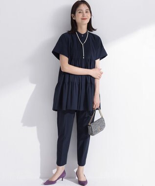 組曲 S スーパーライトストレッチティアード ブラウス ネイビー系