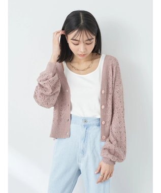 earth music&ecology 透かし編みテープヤーンカーディガン Pink