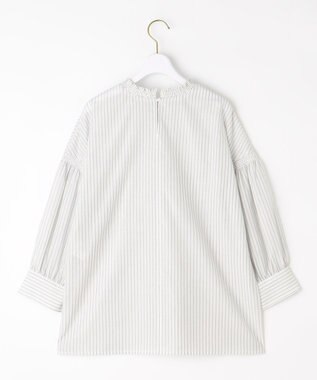 ANY SIS 【洗える】シャーリングフリルスタンド ブラウス グレーストライプ