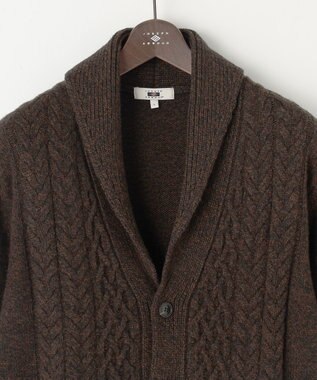 JOSEPH ABBOUD 【イタリア糸使用/軽く暖かい】 ラムウールケーブル柄ショールカラーカーデ カーキ系