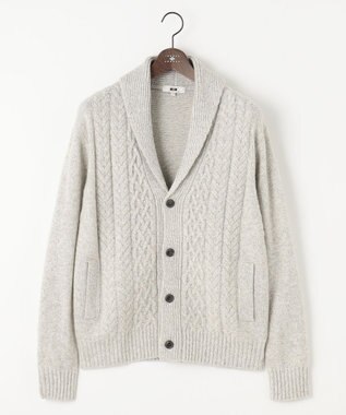 JOSEPH ABBOUD 【イタリア糸使用/軽く暖かい】 ラムウールケーブル柄ショールカラーカーデ カーキ系