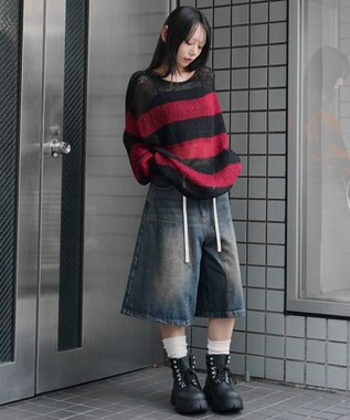 WEGO モヘアタッチボーダーBIGニット レッドボーダー