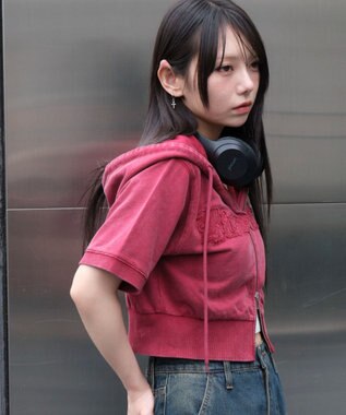 WEGO ヴィンテージウォッシュロゴ半袖パーカー レッド